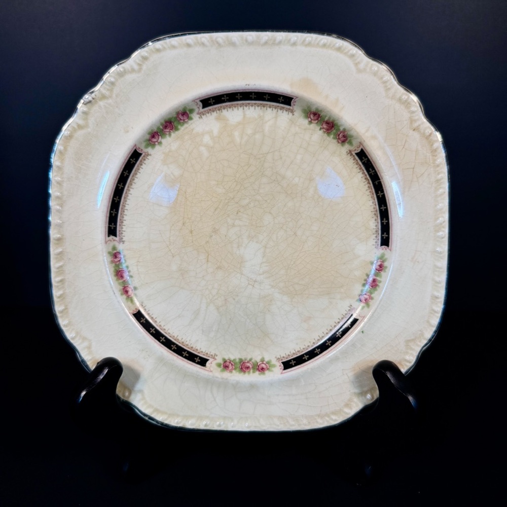 Salem Heirloom 7” Salad Plate | Scalloped Pink Rose & Black Band | Castle Mark
